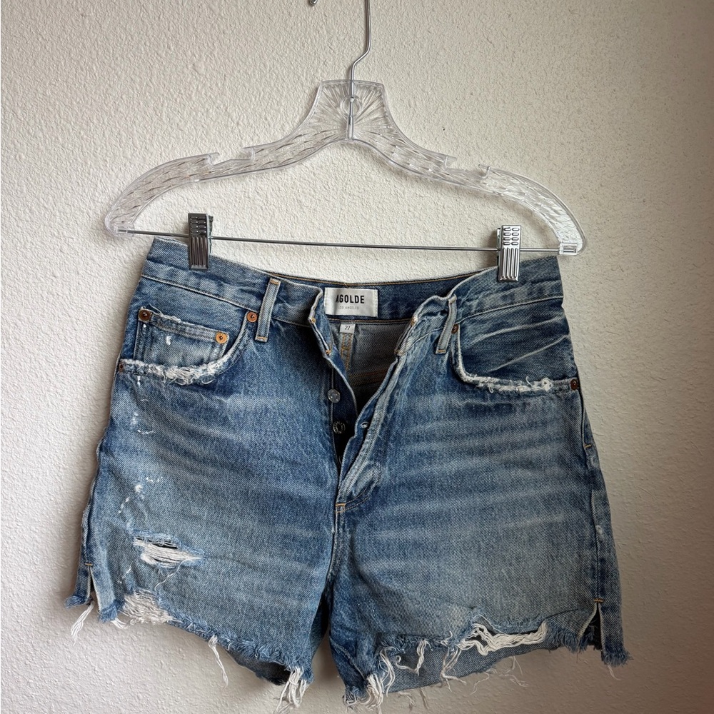 Agolde Light Blue Distressed Denim Cutoff Shorts